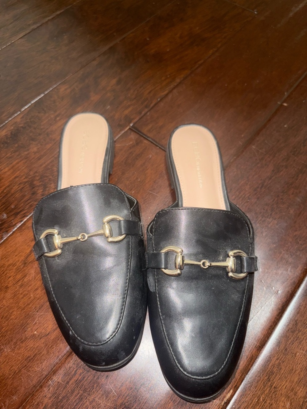 BCBGMaxAzria Black Leather Slip-On Mules with Gold Bit